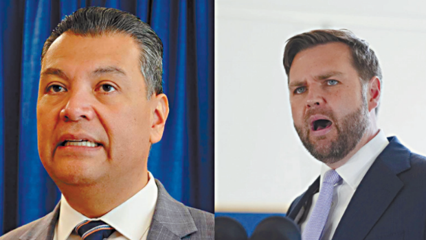 副总统万斯谈论联邦政府在加州移民执法行动时，将民主党籍联邦参议员帕迪拉（左）说成另一个同姓但不同名的罪犯，引发民主党人批评。